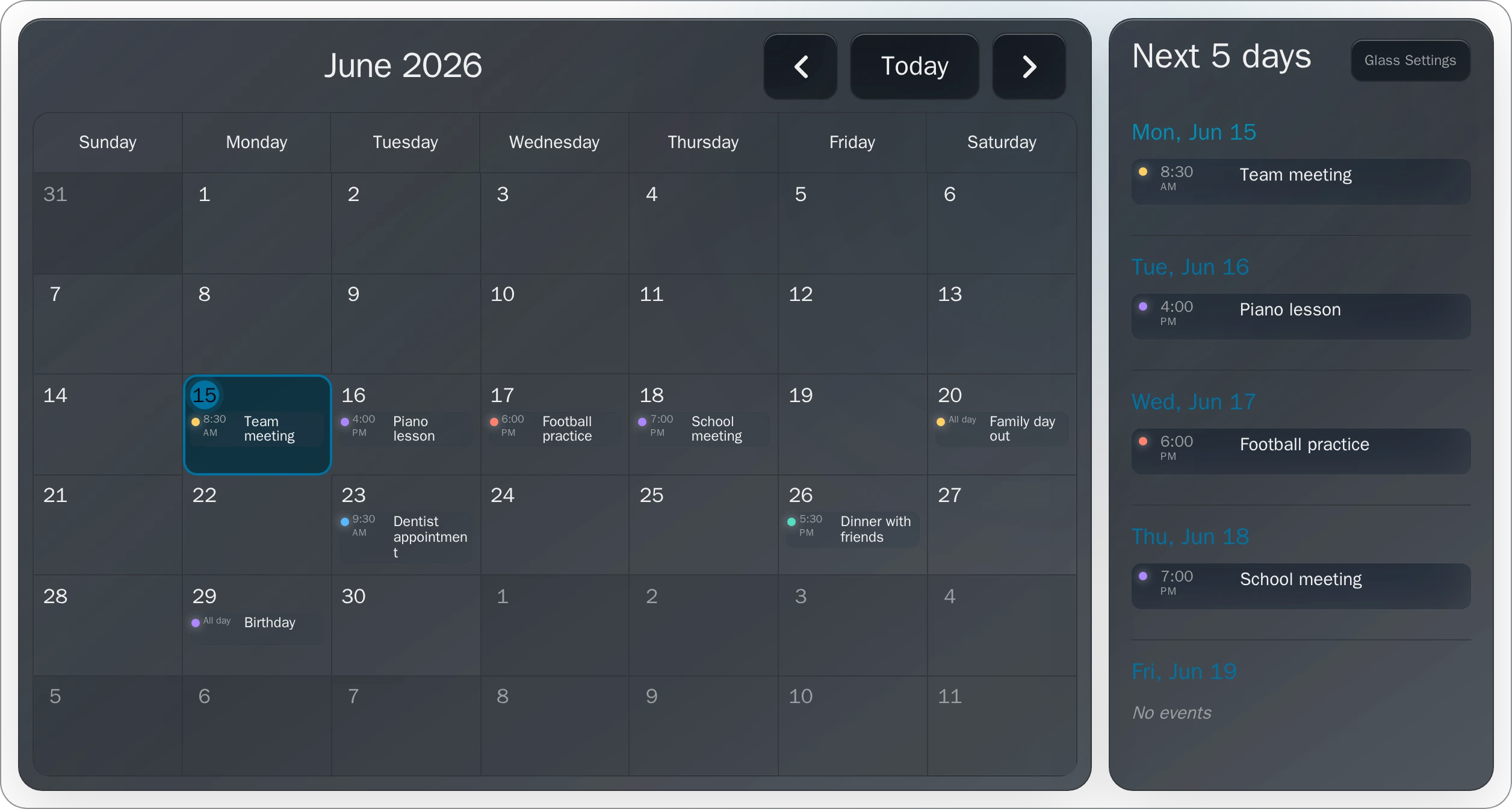 Google Calendar & Agenda - Full Screen — Sunday-first calendar