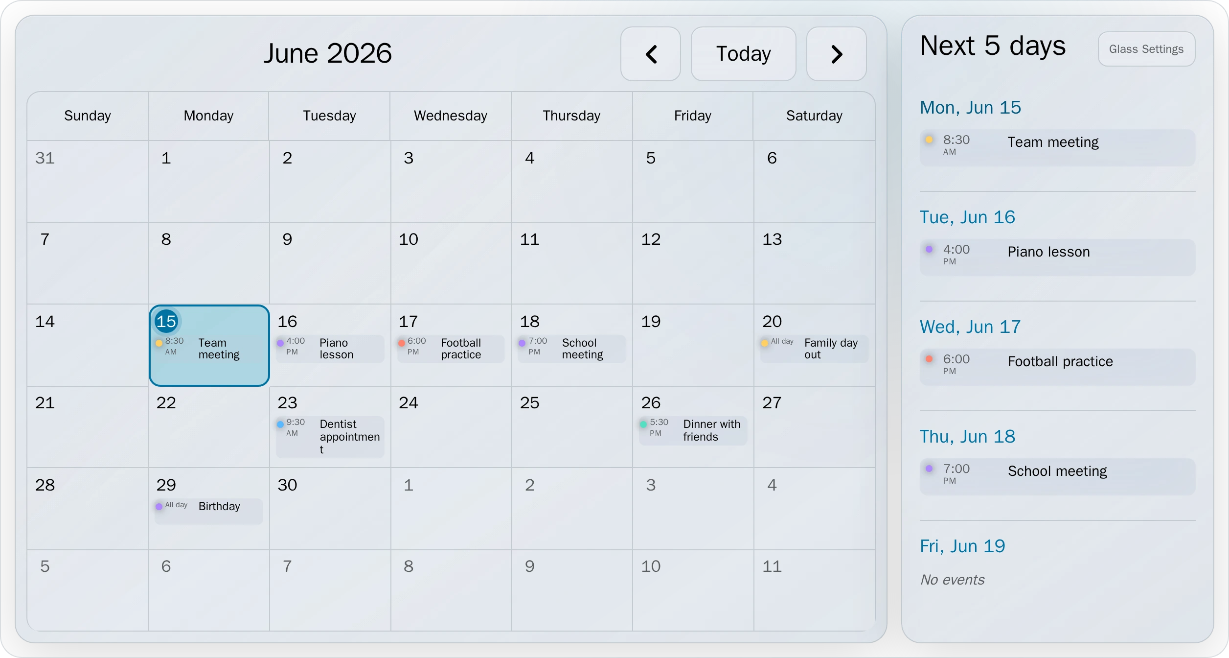 Google Calendar & Agenda - Full Screen — Sunday-first calendar