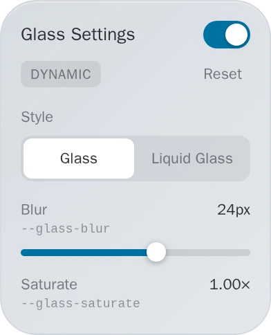 Glass Settings, Settings