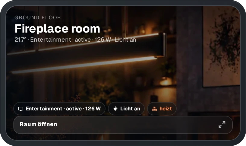 MEGA Rooms · Smart Room Overview — Scene launcher · fireplace room
