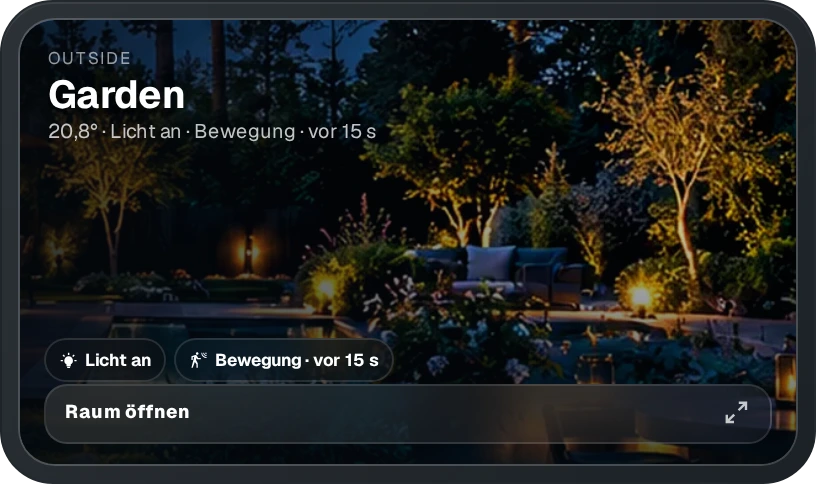 MEGA Rooms · Smart Room Overview — Scene launcher · garden night