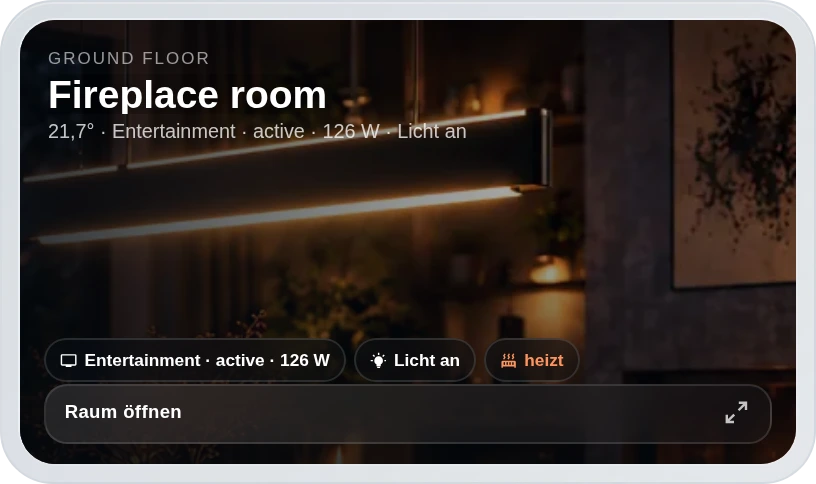MEGA Rooms · Smart Room Overview — Scene launcher · fireplace room