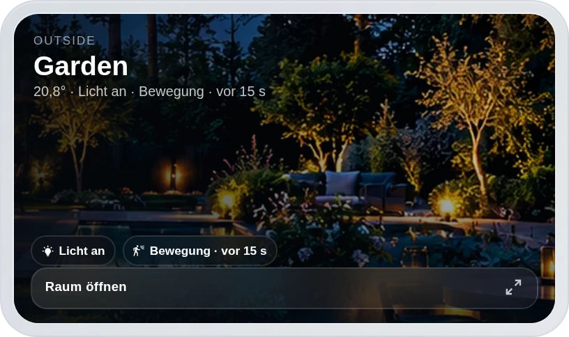 MEGA Rooms · Smart Room Overview — Scene launcher · garden night